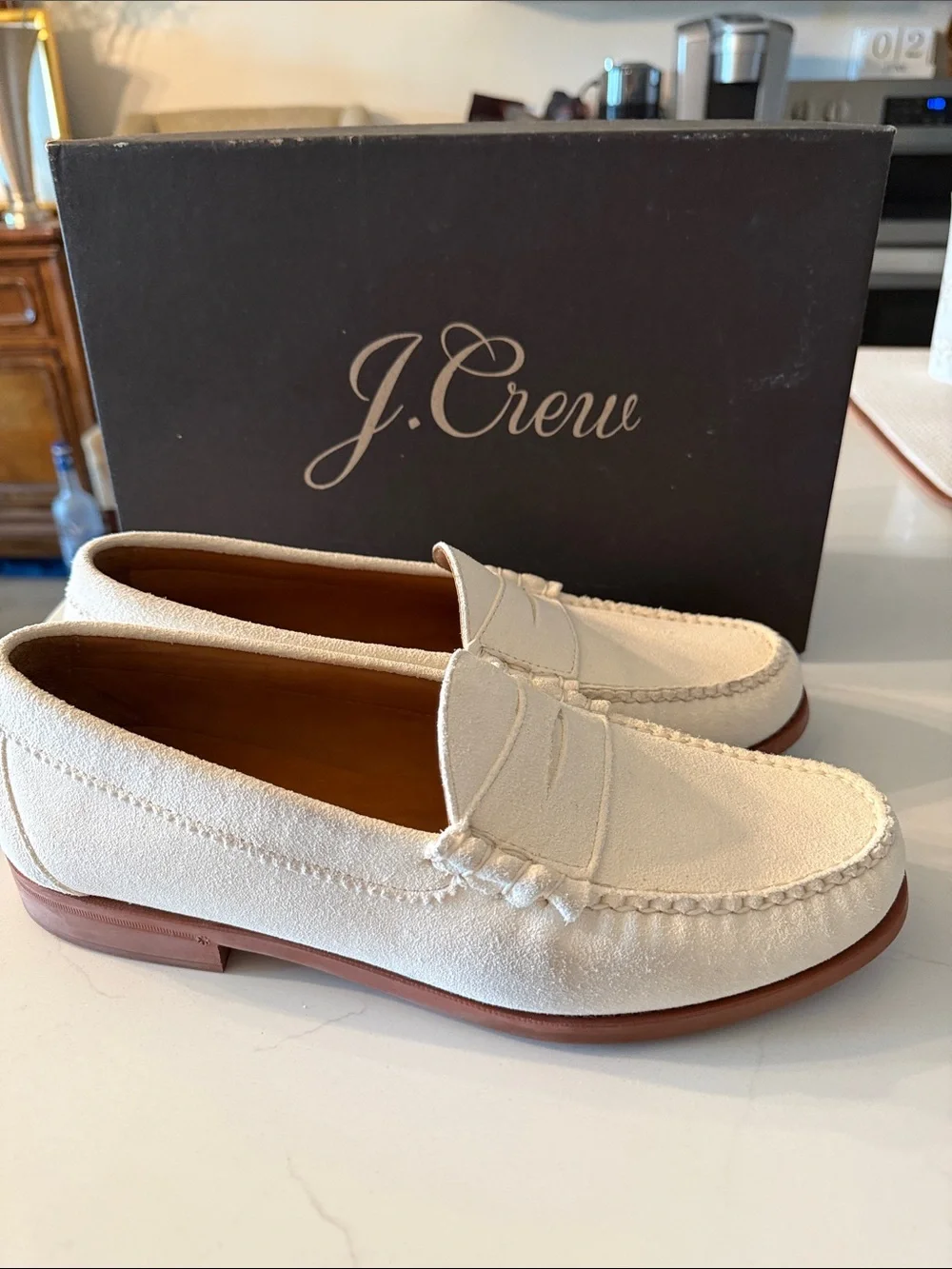 J. Crew Men’s Cream Suede Penny Loafers with Tan Outsole